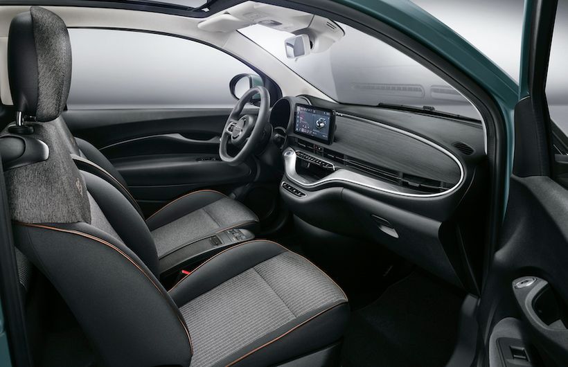 Fiat New 500 electric car interior front seats and dashboard